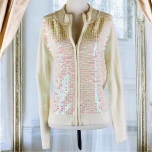 Vintage Carducci Sequined Cardigan Sweater Ivory Zip Up Paillettes